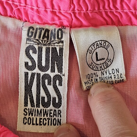 80s Mens Neon Pink Swim Trunks REALLY SHORT Liner Stretched Sz L 36 to 41" Waist - Picture 6 of 8